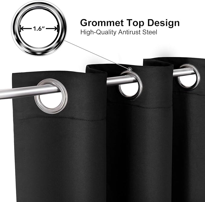 ChrisDowa Grommet Blackout Curtains for Bedroom and Living Room - 2 Panels Set Thermal Insulated Room Darkening Curtains (Black, 52 x 63 Inch)