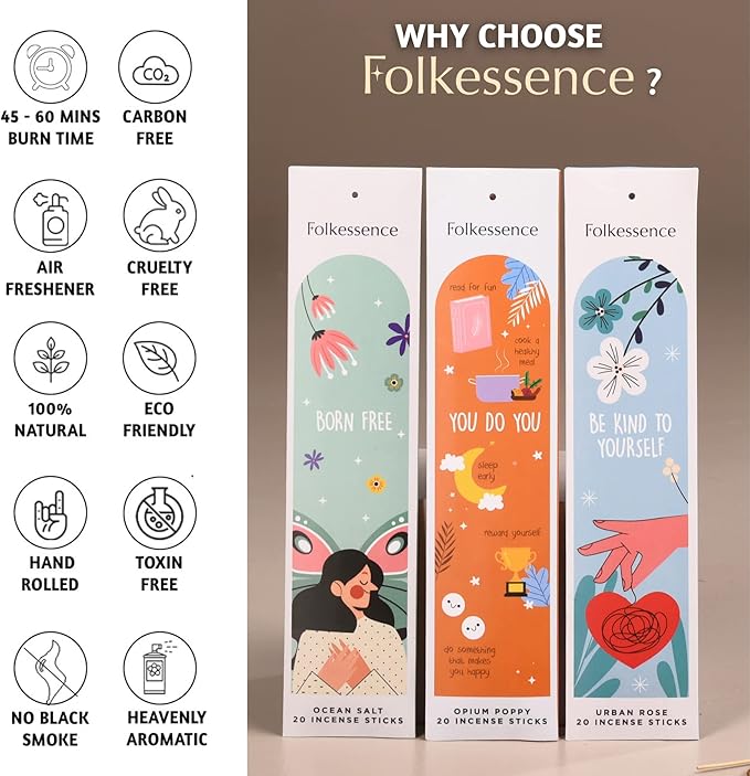 Folkulture Incense Sticks (120 Sticks) | Set of 6 Premium Best Smelling Incense for Aromatherapy, Gifts for Women | No Charcoal, Organic, Non Toxic, 45 Min Burn time Green Tea, Rose Insence-Sticks