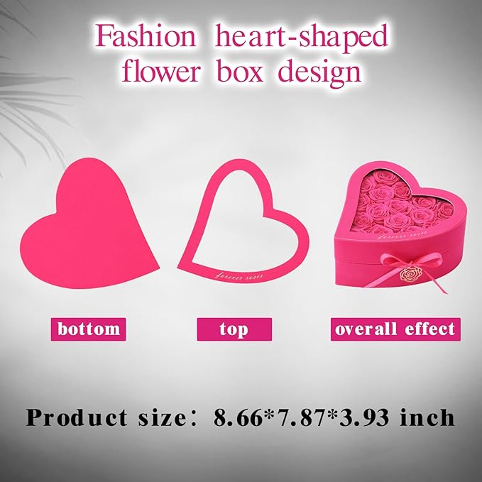 HERBMOTG 16 Forever Real Roses in Heart-Shaped Box with a Curved Design, Grade A Quality-Preserved Roses for Birthday, Mothers Day & Valentines Day (Magenta)