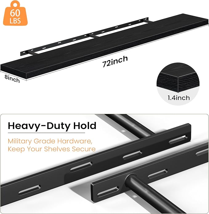 Fun Memories Floating Shelves for Wall, 72 Inch Long Set of 2 Rustic Wood Wall Shelves with Invisible Brackets, Heavy Duty Storage Display for Living Room Bedroom Kitchen, Black