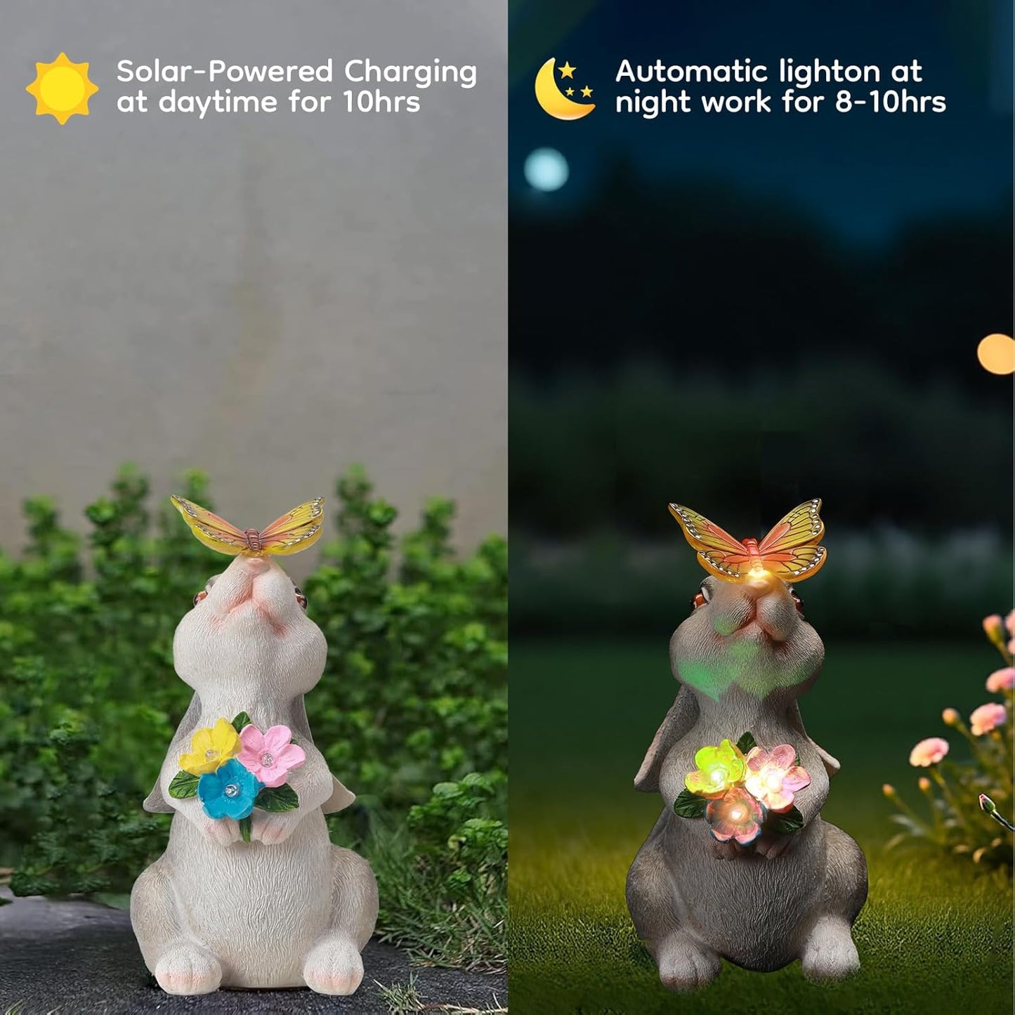 Solar Bunny Statues Light for Garden - Color-Changing Rainbow LED Butterfly,Rabbit Figurine Decor Auto On/Off,Easter Gifts for Yard Balcony & Patio Ornaments (Colorful Light)