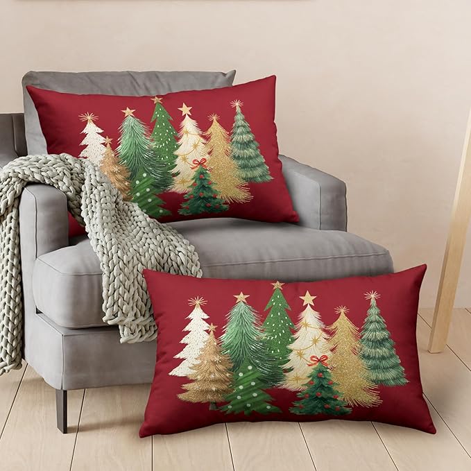 Red Christmas Lumbar Pillow Covers 12x20 Set of 2 Gold Green Xmas Tree Pillow Case Winter Holiday Throw Pillow Covers Rectangular Decorative Cushion Case for Couch Sofa