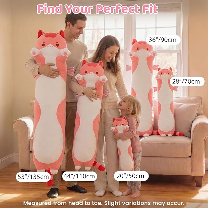 Mewaii Long Cat Plush 5 Sizes, 120% Extra Filling Giant Plushness Kids Body Pillow, Kawaii Cute Pink Cat Stuffed Animals Plushies, Big Long Body Pillow Cat Plush Gift for Girls 28”
