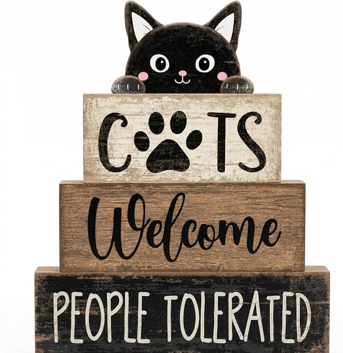 Lineshading 4 Pcs Farmhouse Table Decor Vintage Wooden Black Cat Stacked Sign - "Cats Welcome, People Tolerated" Funny Rustic Tiered Tray Decor for Animal Lovers, Home, Room, Cat Cafe Decorations