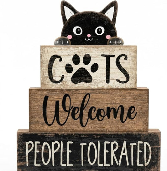 Lineshading 4 Pcs Farmhouse Table Decor Vintage Wooden Black Cat Stacked Sign - "Cats Welcome, People Tolerated" Funny Rustic Tiered Tray Decor for Animal Lovers, Home, Room, Cat Cafe Decorations
