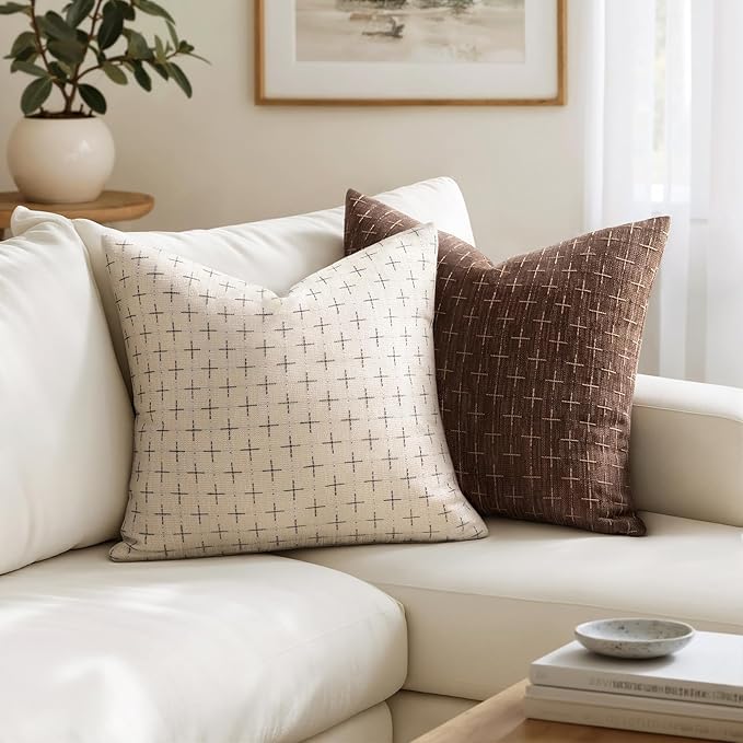 MIULEE Pack of 2 Decorative Burlap Linen Euro Sham Brown Throw Pillow Covers Modern Farmhouse Vintage Pillowcases Rustic Woven Textured Cushion Cover for Sofa Couch Bed 26x26 Inch Dark Coffee