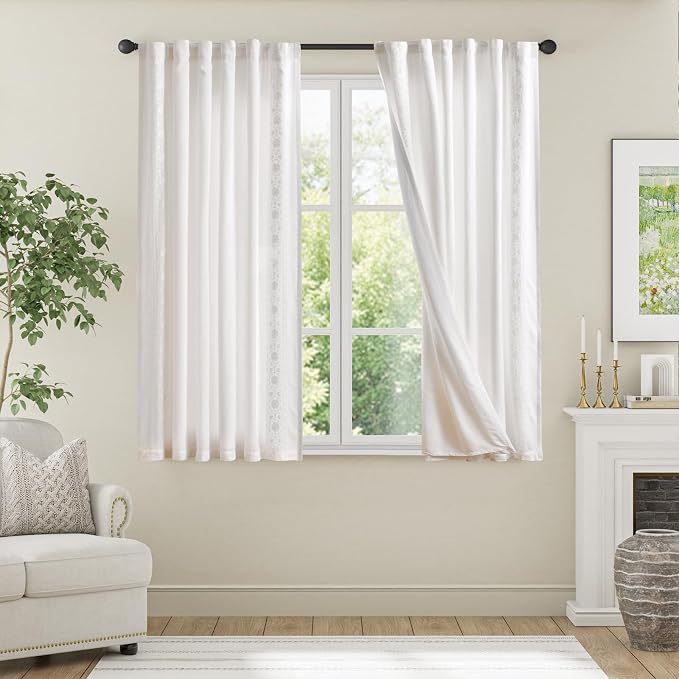 jinchan Weslie White Linen Curtains for Bedroom Vintage Floral Farmhouse Curtains 63 Inch Length Linen Boho Drapes for Living Room Embroidered Drapes Off White 2 Panels