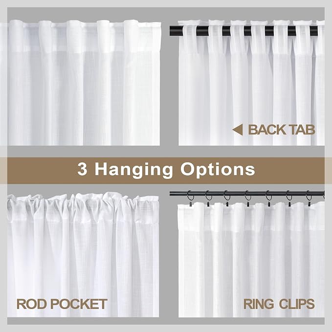 Pitalk White Linen Sheer Drape 104 Inch Curtains for Living Room Custom Curtains 2 Panels Set Back Tab Pleated Modern Farmhouse Light Filtering Ceiling to Floor for Large Window 52 x 104 Long Curtain