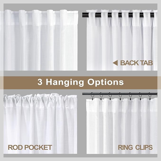 Pitalk Solid White Curtains 54 Inch Length for Bathroom 2 Panels Set Rod Pocket Back Tab Linen Organic Look Light Filtering Semi Sheer Energy Efficient Curtains for Boys Nursery Childrens Room 52x54