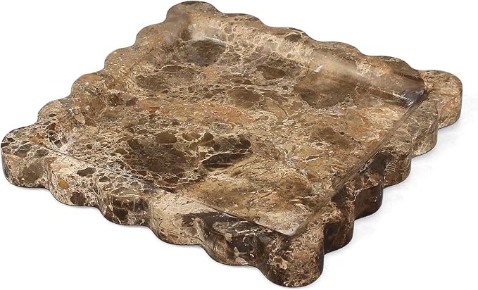 Square Marble Vanity Tray with Scalloped Edge - Natural Marble Perfume Tray Decor for Dresser, Vanity, Kitchen, Home Decor, Decorative Square Stone Tray - Brown 8 * 8 inch