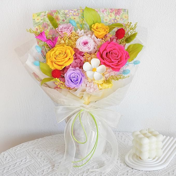 Flowers for Delivery Dopamine Mixed Colors Roses Preserved Flowers Bouquet with Gift Box, Mothers Day Gifts for Mom, Birthday Day Gifts for Women, Wife, Her, Grandma on Valentines Anniversary Proposal