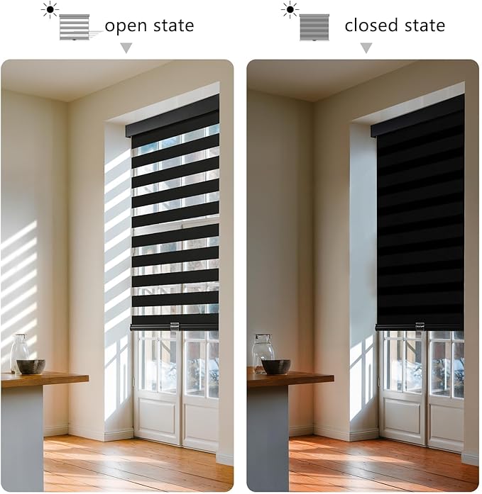 AOSKY Cordless Zebra Blinds for Windows Pull Down Roller Window Shades Dual Layer Light Filtering Privacy for Day and Night, Free-Stop Door Shades for Home Easy to Install (22.5" W X 72" H，Black)