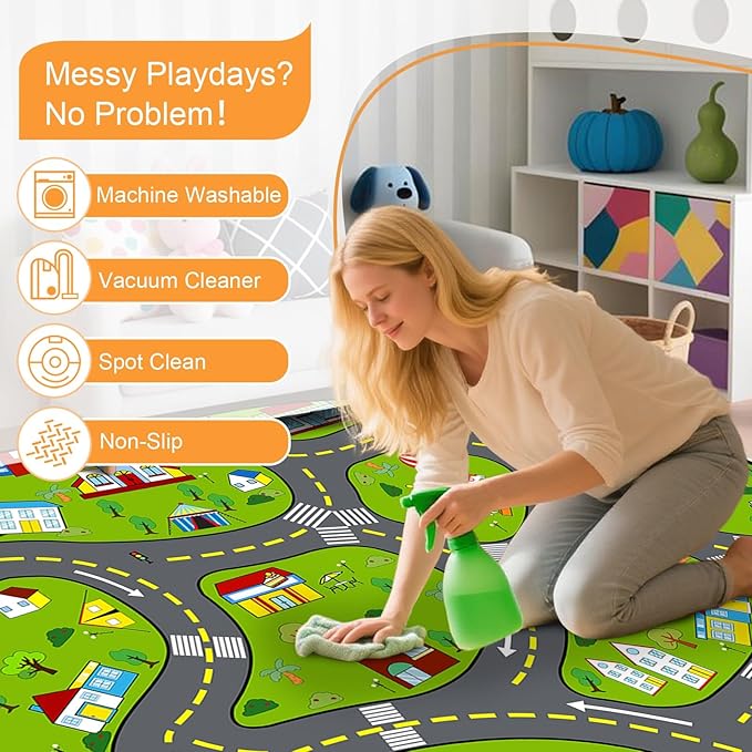 Car Rug Play Mat 9x12 Feet, Kids Rugs for Bedroom Educational Green Traffic Road Carpet for Kids Decorate Nursery Toddler Classroom Preschool Living Room Playroom