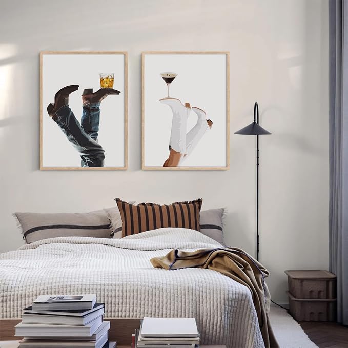 Cowgirl Wall Art Western Canvas Pictures Cowboy Boots Wall Decor Coastal Cowgirl Prints Retro Poster Trendy Preppy Pictures Martini Painting Artwork for Bedroom Living Room 16x24x2 Inch Unframed