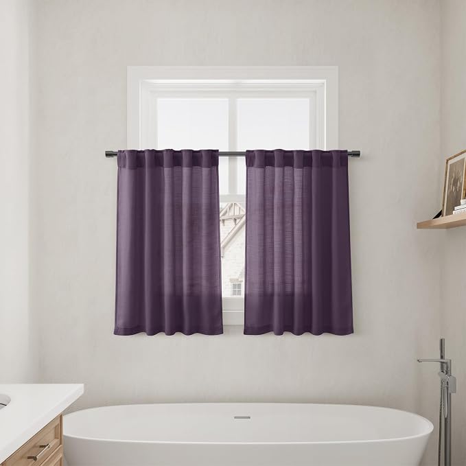 Plum Linen Cafe Kitchen Curtains 24 Inch Length Linen Blend Light Filtering Short Tier Curtain Vintage Rod Pocket Back Tab Design for Small Windows Cafe Bathroom Laundry Room 2 Panels 36Wx24L