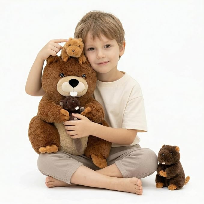 MaoGoLan 4Pcs Beaver Stuffed Animals with Three Babies Inside,17.7" Fluffy Giant Beaver Plush Gift,Funny Beave Plushie Woodland Toys for Kids,Teens,Baby Shower,Christmas