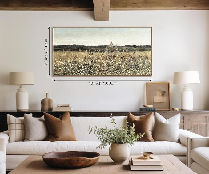 DJSYLIFE Framed Wall Art, Vintage Wildflower Field Canvas, 20x40 Inch | Classical Landscape Prints, Solid Wood Frame, Ready to Hang, Farmhouse Rustic Decor for Living Room, Bedroom