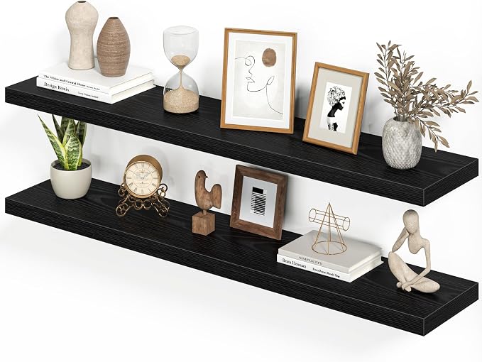Heimlove Floating Shelves for Wall 48 Inches Long,9.3" Deep Black Floating Shelf Set of 2,Wall Mounted Wood Shelves for Bathroom Bedroom Living Room Kitchen Office,Shelf for Books Storage Room Decor