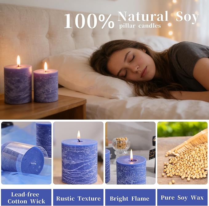 6 Pack Natural Blue Soy Pillar Candles, 2.8x3 in Hand-Poured Unscented Candles, 180 H Burn Time, Non-Toxic, Smokeless Dripless Rustic Pillar Candle for Dinner, Wedding, Home, Bathroom