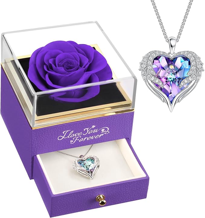 NEWNOVE Preserved Real Purple Rose with Angle Wings Necklace, Valentines Day Flowers Gifts for Mom Grandma Wife Girlfriend, I Love You Gifts for Her, Anniversary or Birthday Gifts for Women