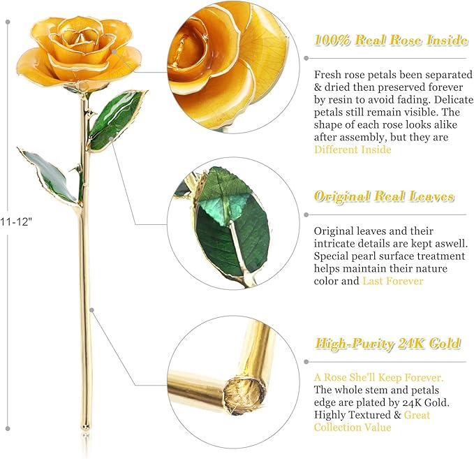 Ejoyous 24K Gold Dipped Real Rose w/Rose Stand Forever Blooming Yellow Golden Rose Her on Christmas Birthday Proposal Valentines Day Wedding Anniversary, Yellow with Stand
