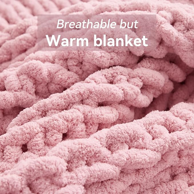 Negwoo Chunky Knit Throw Blanket, 80''*90'' Knitted Throw Chenille Yarn for Bed Couch, Handmade Light PinkCrochet Big Thick Blanket, Machine Washable Cute Comfy Blanket for Home Decor