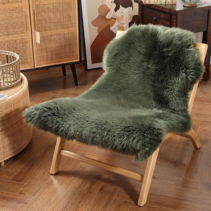 IRIWOOL Premium Genuine Fur Sheepskin Rug Real Australia Sheepskin Natural Luxury Fluffy Lambskin Fur Area Rug Seat Covers for Kids Bedroom Sofa Chair Cover (Military Green, Single Pelt/2ft x 3ft)