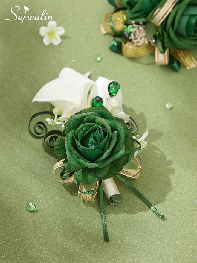 Serwalin Green Prom Corsage and Boutonniere Set, Artificial Calla Lily & Rose Wrist Corsage Wristlet for Homecoming, Formal Dance, Wedding Flower Accessories Suit Decorations