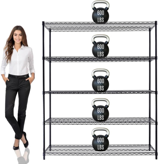 60"x24"x72" PRIME HEAVY DUTY Black 5-Tier Wire Shelving NSF 3000 LBS MAX Capacity Storage Rack for Commercial, School, Home, Garage, Warehouse, Industrial, and Hospital Uses (with Wheels)