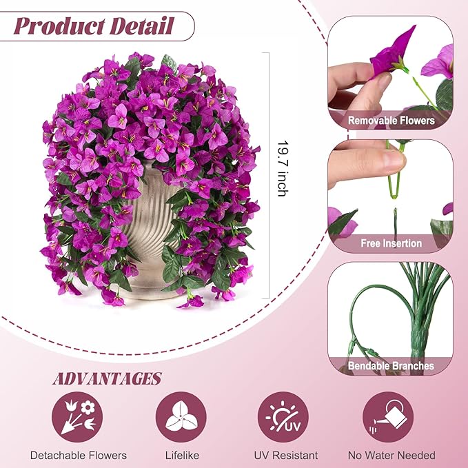 INXUGAO 2 pcs Artificial Faux Bougainvillea Flowers Plants for Outdoor Outside Summer Decoration, Fake Silk UV Resistant Long Trailing Vines for Front Door Porch Planter Balcony (Double Lotus)