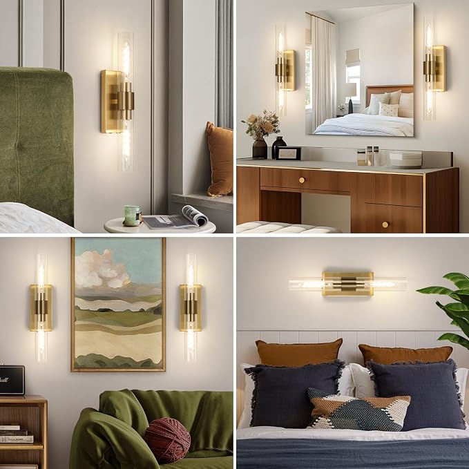 Battery Operated Wall Sconce Set of Two, Rechargeable Wall Sconce, Gold Wall Lamp with Remote Controls, Indoor Non-Hardwired Bedside Wall Sconces, Gold Vanity Light for Bedroom, Hallway, etc