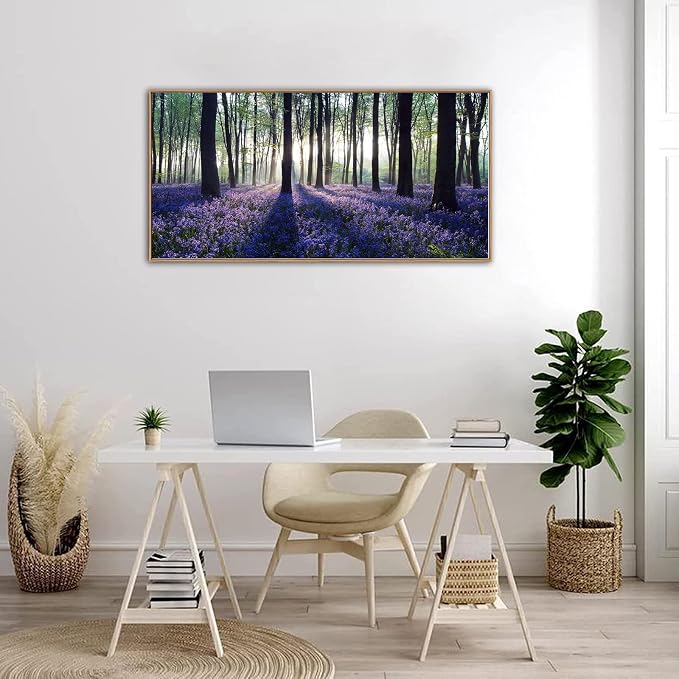 yearainn Framed Purple Lavender Forest Canvas Wall Art 24" x 48" | Lavender Field Sunlight Trees Canvas Picture, Nature Landscape Painting Artwork for Home Wall Decor, Natural Wood Frame