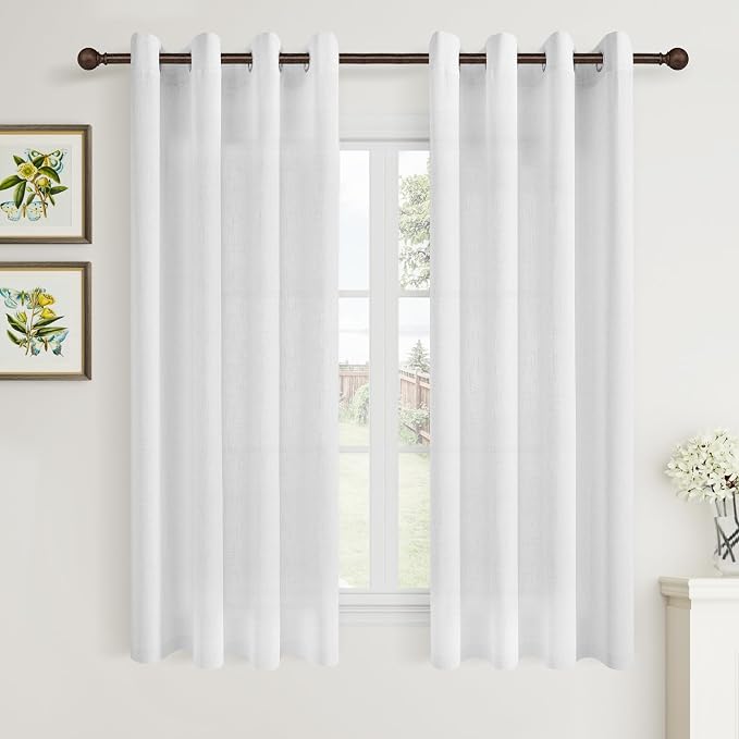 White Linen Curtains 54 Inch Length 2 Panels Set for Bedroom Dining Room Kitchen Grommet Linen Drapes Semi Sheer Soft Boho Farmhouse Neutral Window Curtains 54 Inches Long for Living Room Off White