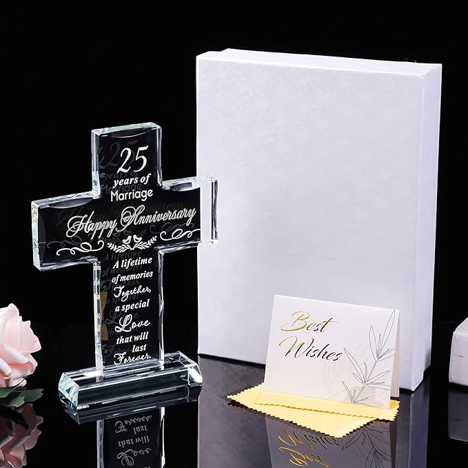 YWHL 25th Wedding Anniversary Glass Cross Gifts for Wife Husband, Laser Engraved 25 Year Anniversary Standing Cross Gifts for Couple, 25 Years of Marriage Decorations