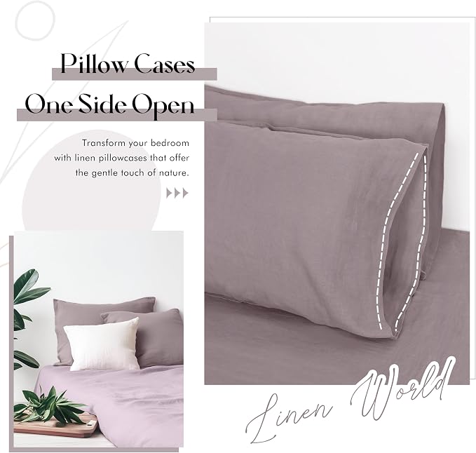Linen World Linen Pillow Cases Queen Size - 20"x30" Set of 2,100% French Flax Pillowcase,Soft Breathable Natural Pillow Covers,Mauve Purple