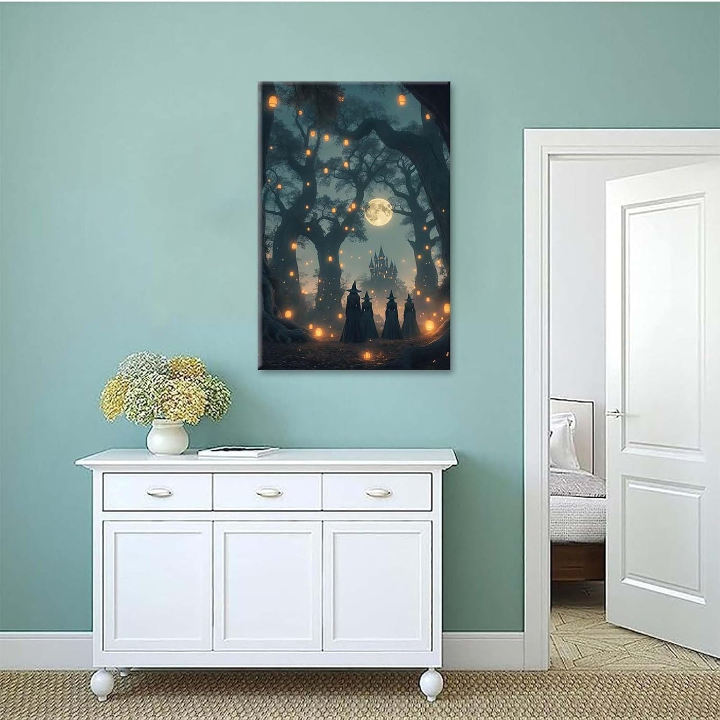 JFHCQJPK Mysterious creek painting witch and castle in magic forest art print canvas gothic print dark college decoration poster for home bedroom28x40in Frameless