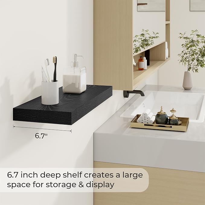 Dreamland 20Inch Black Floating Shelves 6.7" Deep Wall Mounted Set of 2 | Wall shelves for bathroom, bedroom, Living Room, kitchen, deep wall mount wood storage display for home decor 20" x 6.7"