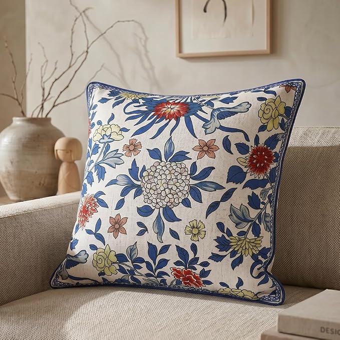 patdrea Designer French Vintage Linen Throw Pillow Cover,18"x18"-Ivar A | Decorative Pillow Cover,Blue and White Floral Pattern,Pillow Case for Couch Living Room Bedroom Sofa Outdoor