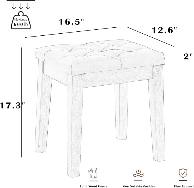 Upholstered Ottoman Stool with Padded Seat, Tufted Vanity Stool with Solid Wood Legs, Accent Stools, Faux Leather Cognac Brown