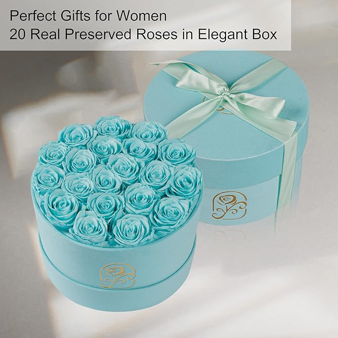 Gifts for Women Preserved Roses Flower Box, Luxury Velvet Box with 20 Roses, Preserved Flowers, Romantic Gift for Her, Wife, Girlfriend, Birthday Anniversary Christmas (Teal Blue)