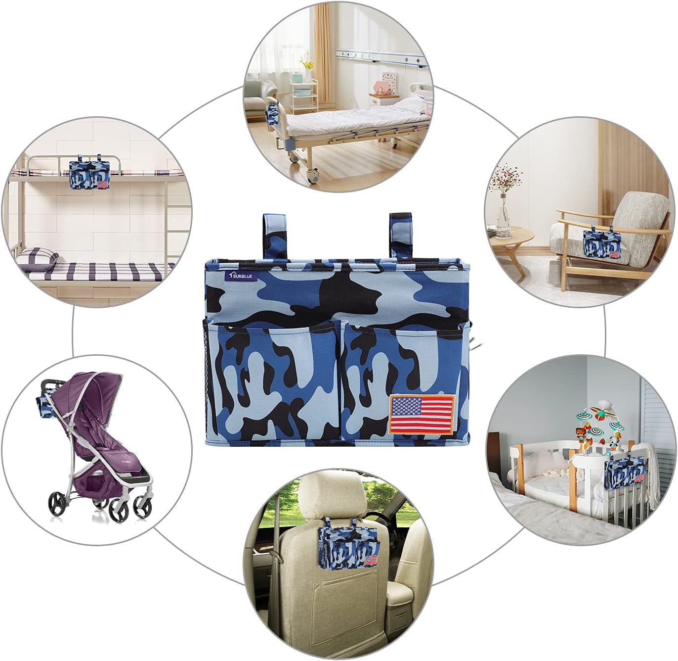 Surblue Bedside Caddy Hanging Bed Organizer Storage Bag Pocket for Bunk and Hospital Beds, College Dorm Rooms Baby Bed Rails, Wheelchair Side Bag, Camp Chiars, 4 Pockets and 2 Hooks (Small Ocean)