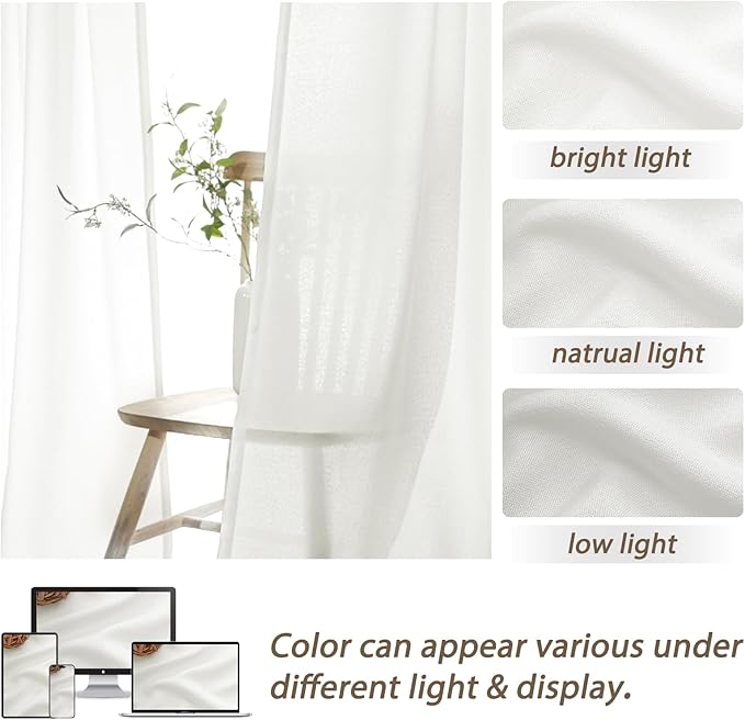 Extra Long Pinch Pleat Snow White Semi Sheer Curtains 108 Inches Long for Living Room, Luxury Linen Blend Viral Drape Light Filtering Privacy Floor to Ceiling Dining Room Curtain Back Tab Panels 2 Set