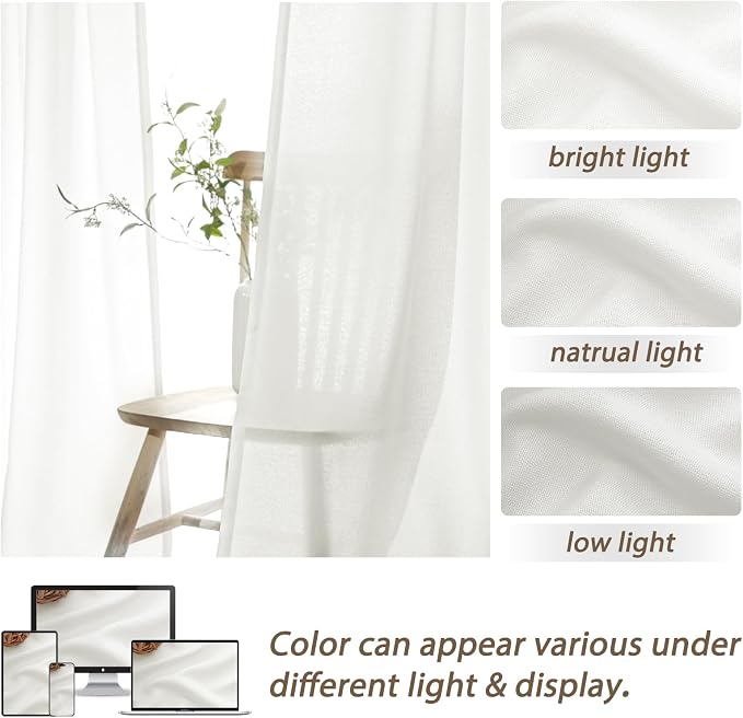 Custom Pleated Curtains & Drapes 86 Inches Long for Dining Room, Light Filtering Privacy Natural White Linen Non See Through Sheer Curtain with Hooks Rings for 84-86 Inch Large Window Decorative Burg