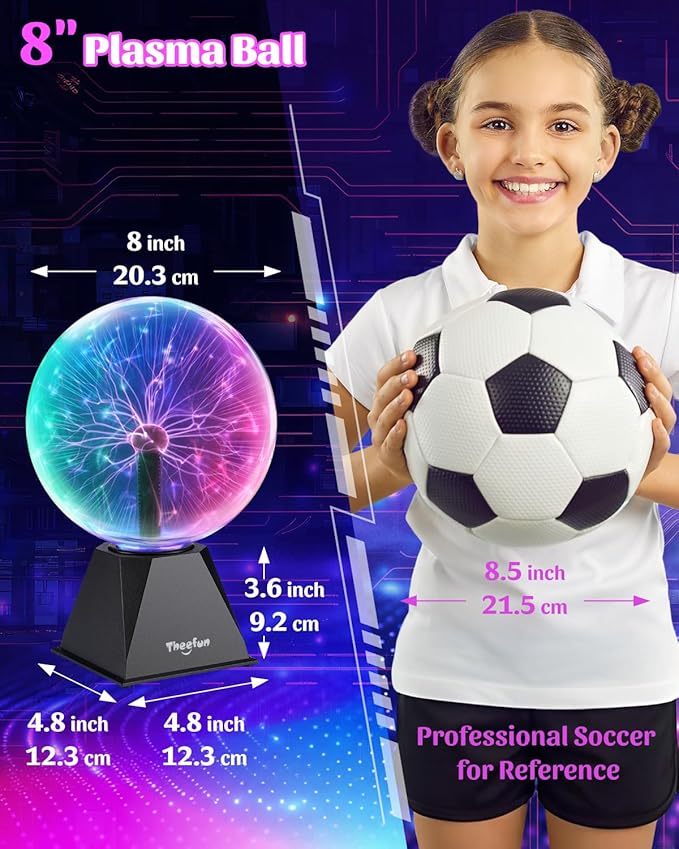 Theefun Plasma Ball, 8 Inch Huge Plasma Globe Birthday Gifts Touch & Sound Sensitive Ball Lamp Electric Lightning Novelty Light for Parties, Home, Prop, Room Decoration, Multicolor