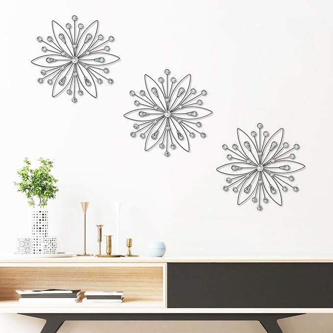 ZEXUIRU 3 Pack Black Sunburst Wall Decor – Metal Crystal Wall Art with Sparkling Rhinestones, 14’’/18 Inch Starburst Wall Hanging Set for Living Room Bedroom Bathroom – Modern Bling Home Decorations