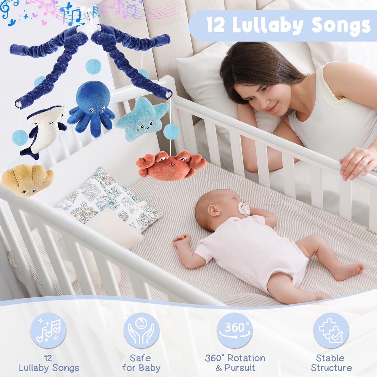 Ocean Crib Mobile for Boys & Girls – Baby Mobile for Crib with Upgraded 3-Mode Music Box, Sea Animals Baby Crib Mobile, Nursery Mobiles, Fits Standard Cribs