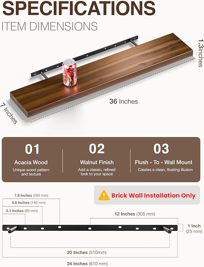 BATODA Set of 2 36" Acacia Floating Shelves for Wall – Rustic Farmhouse Floating Shelves - Wooden Wall Storage Shelf Home Décor - DIY Floating Book Shelves - with Brackets & Hardware (Walnut Color)
