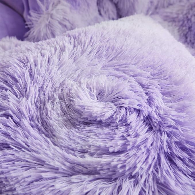 Tie Dye Printed Faux Fur Bedding Set Modern Abstract Shaggy Plush Duvet Cover with Pillow Shams, Ultra Soft Warm (King, Tie Dye Lilac)