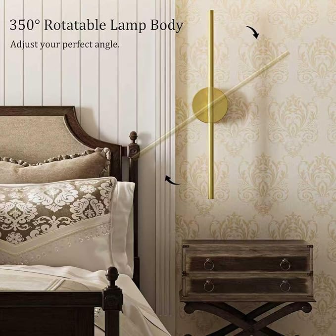 32 Inch Battery Operated Wall Sconce Set of 2, 8000mAh Wireless Rechargeable Wall Lights with Remote, 350° Rotate Dimmable 3000K-6000K LED Wall Lamps with Timer for Living Room, Bedroom, Gold