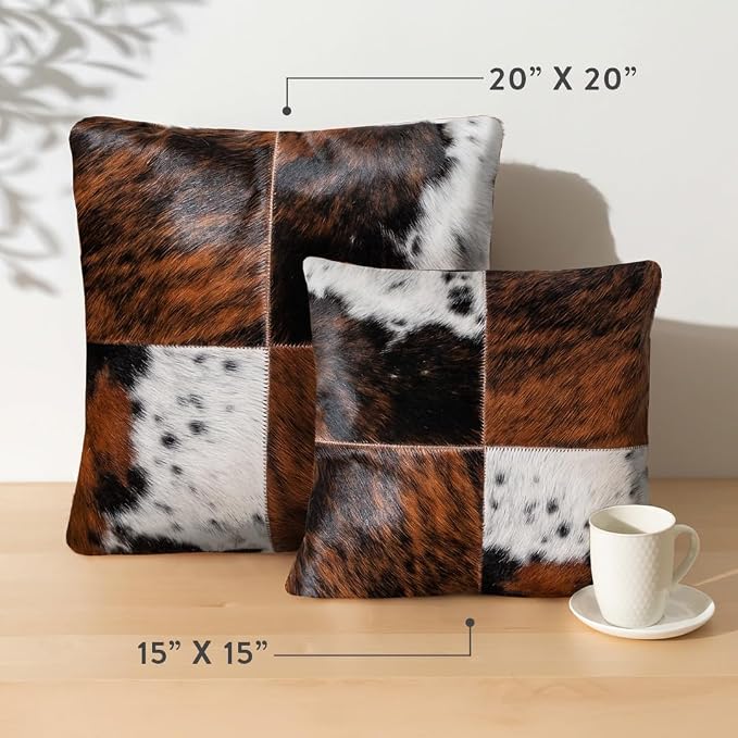 ecowhides 100% Genuine Brazilian Cowhide Patchwork Pillow – Tricolor Four Panel Design – Single-Sided – Luxury Leather Decorative Cushion for Rustic & Western Home Décor – 15” x 15”